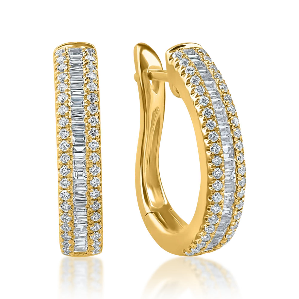 Cercei creole din aur galben cu diamante baguette si rotunde de 0.6ct