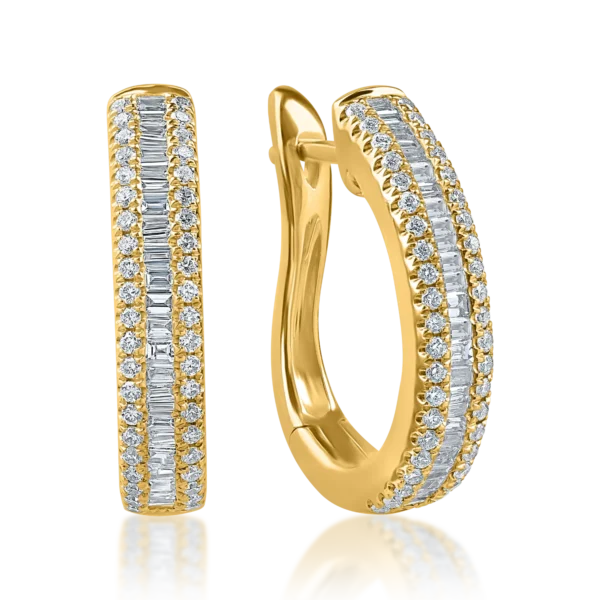 Cercei creole din aur galben cu diamante baguette si rotunde de 0.6ct