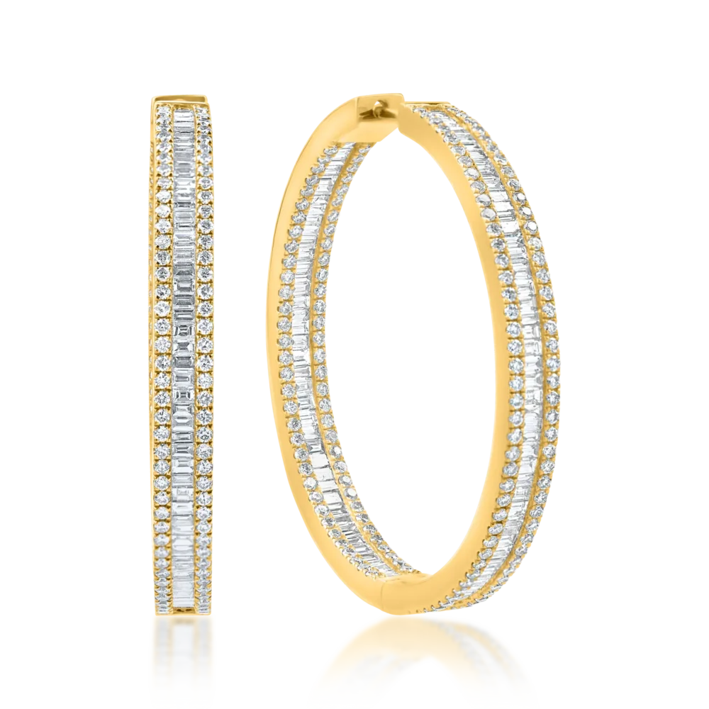 Cercei creole din aur galben cu diamante baguette si round de 3.8ct