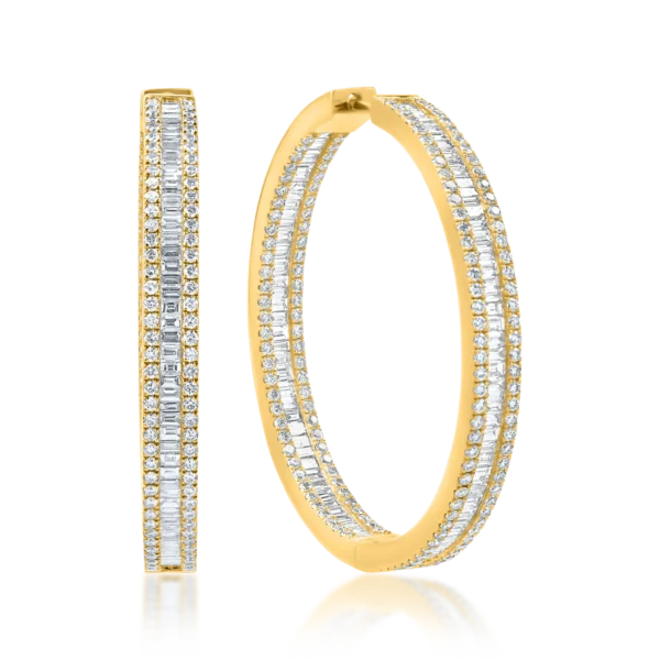 Cercei creole din aur galben cu diamante baguette si round de 3.8ct