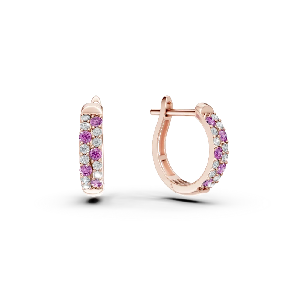 Cercei creole din aur roz cu diamante si safire de 0.3ct