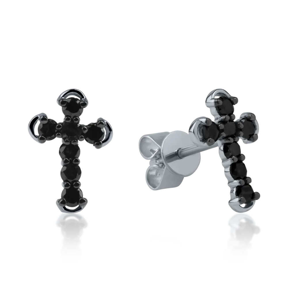 Cercei cruce din aur alb cu diamante negre de 0.36ct
