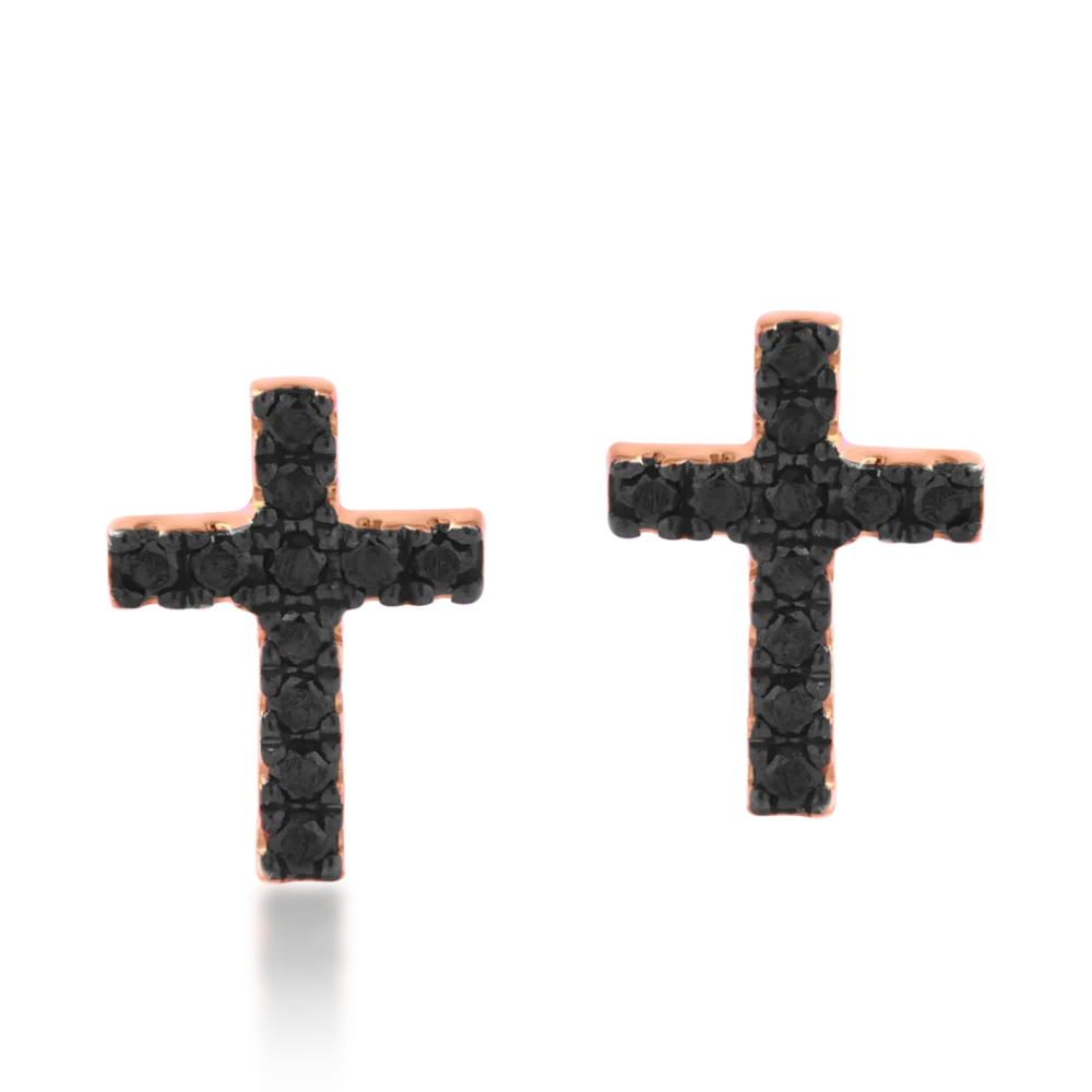 Cercei cruce din aur roz cu diamante negre de 0.09ct - imagine 2