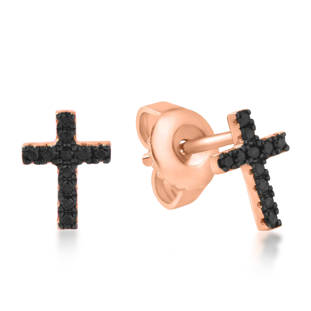 Cercei cruce din aur roz cu diamante negre de 0.09ct