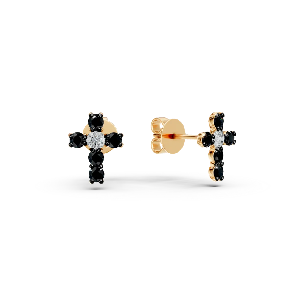 Cercei cruciulite din aur galben cu diamante negre si incolore de 0.1ct