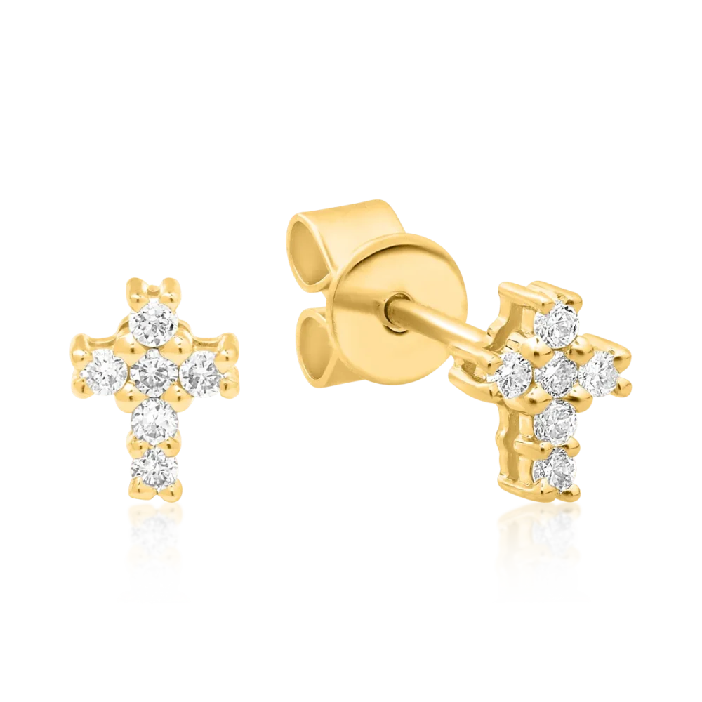 Cercei cruciulite din aur galben cu diamante de 0.086ct