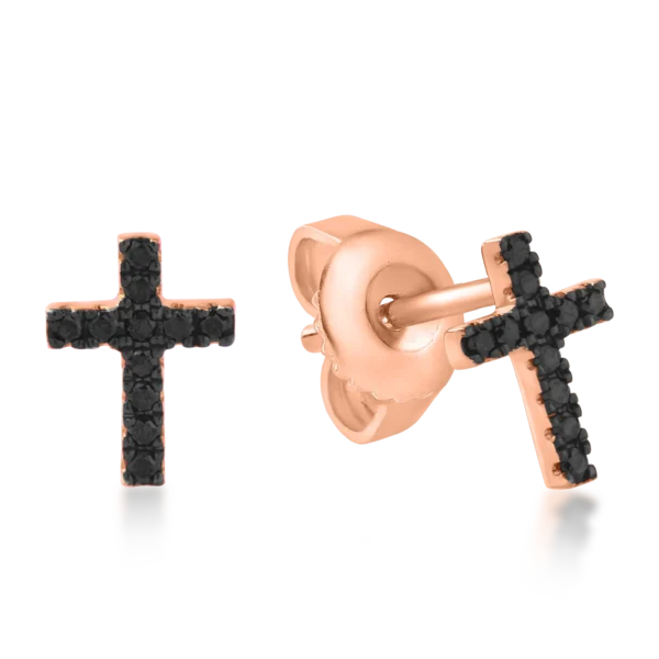 Cercei cruciulite din aur roz cu diamante negre de 0.1ct