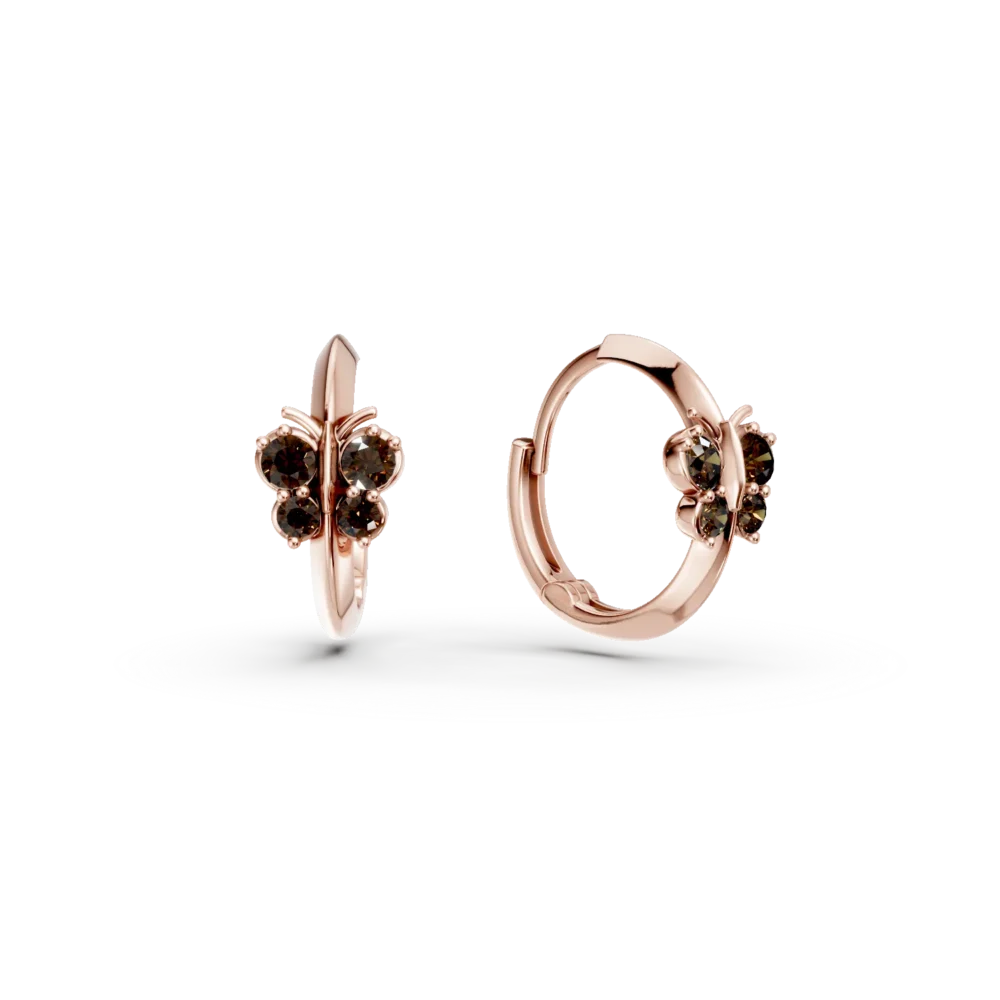 Cercei cu fluturasi din aur roz si zirconii maro pentru copii