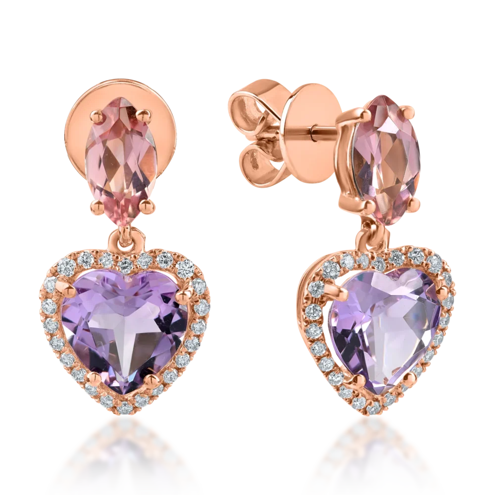 Cercei cu inimioare din aur roz cu pietre pretioase si semipretioase de 3.4ct