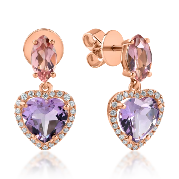 Cercei cu inimioare din aur roz cu pietre pretioase si semipretioase de 3.4ct