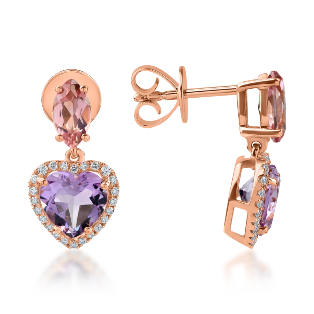 Cercei cu inimioare din aur roz cu pietre pretioase si semipretioase de 3.4ct - imagine 3