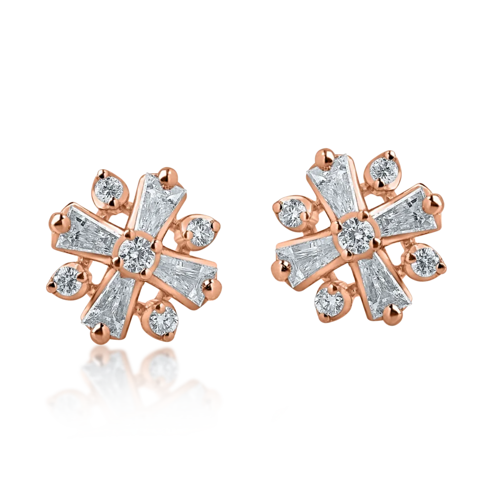 Cercei cu surub din aur roz cu diamante baguette si rotunde de 0.35ct - imagine 2