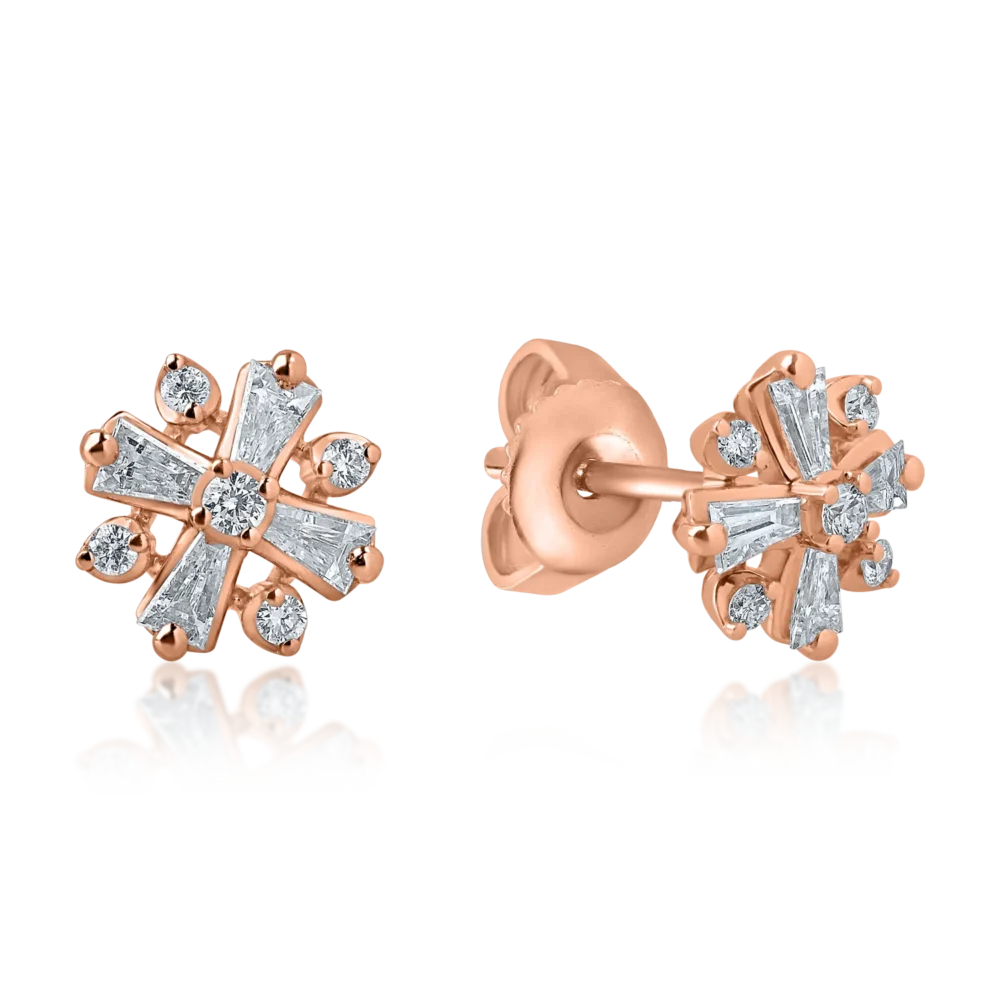 Cercei cu surub din aur roz cu diamante baguette si rotunde de 0.35ct