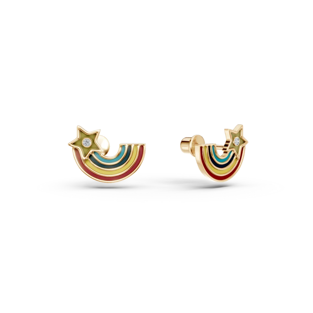 Cercei curcubeu din aur galben cu diamante de 0.05ct si insertii multicolore pentru copii