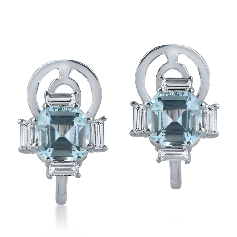 Cercei din aur alb cu acvamarine octogonale de 1.73ct si diamante baguette de 0.42ct - imagine 2