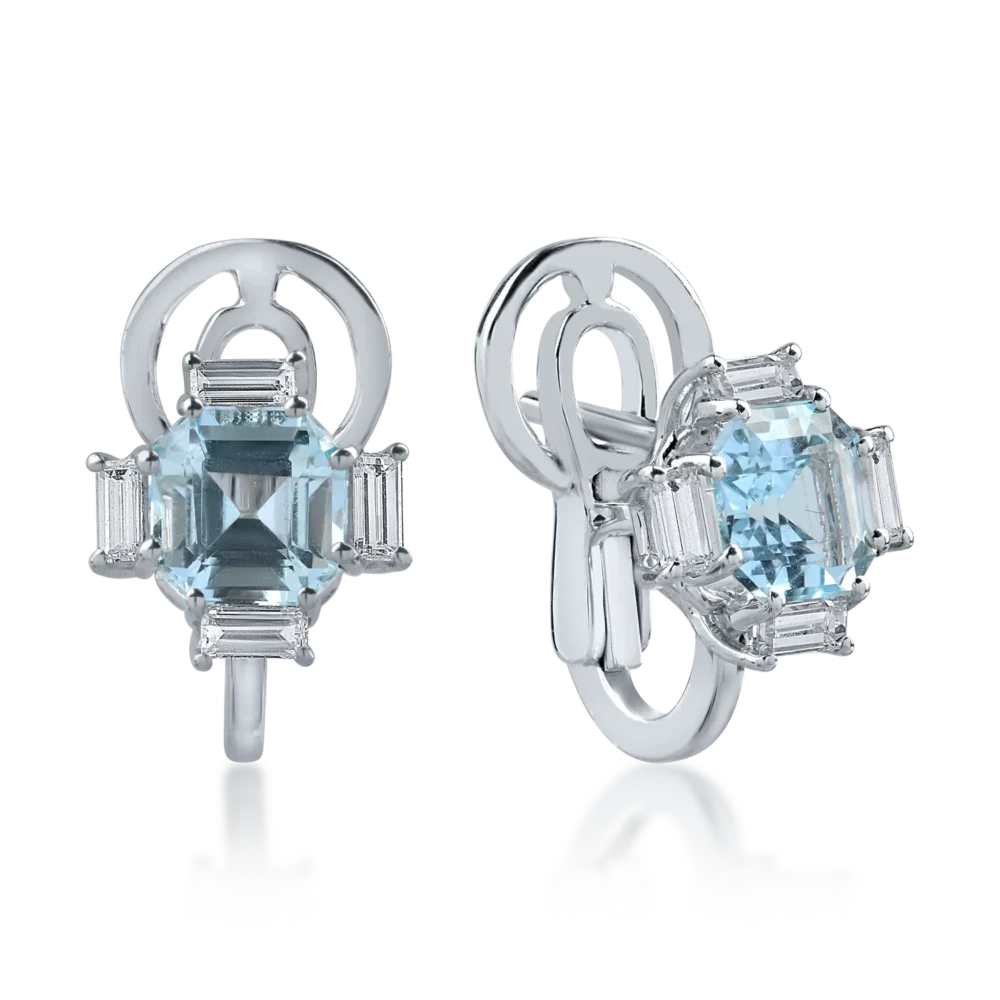 Cercei din aur alb cu acvamarine octogonale de 1.73ct si diamante baguette de 0.42ct