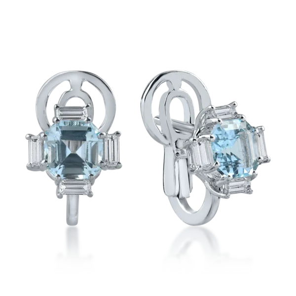 Cercei din aur alb cu acvamarine octogonale de 1.73ct si diamante baguette de 0.42ct