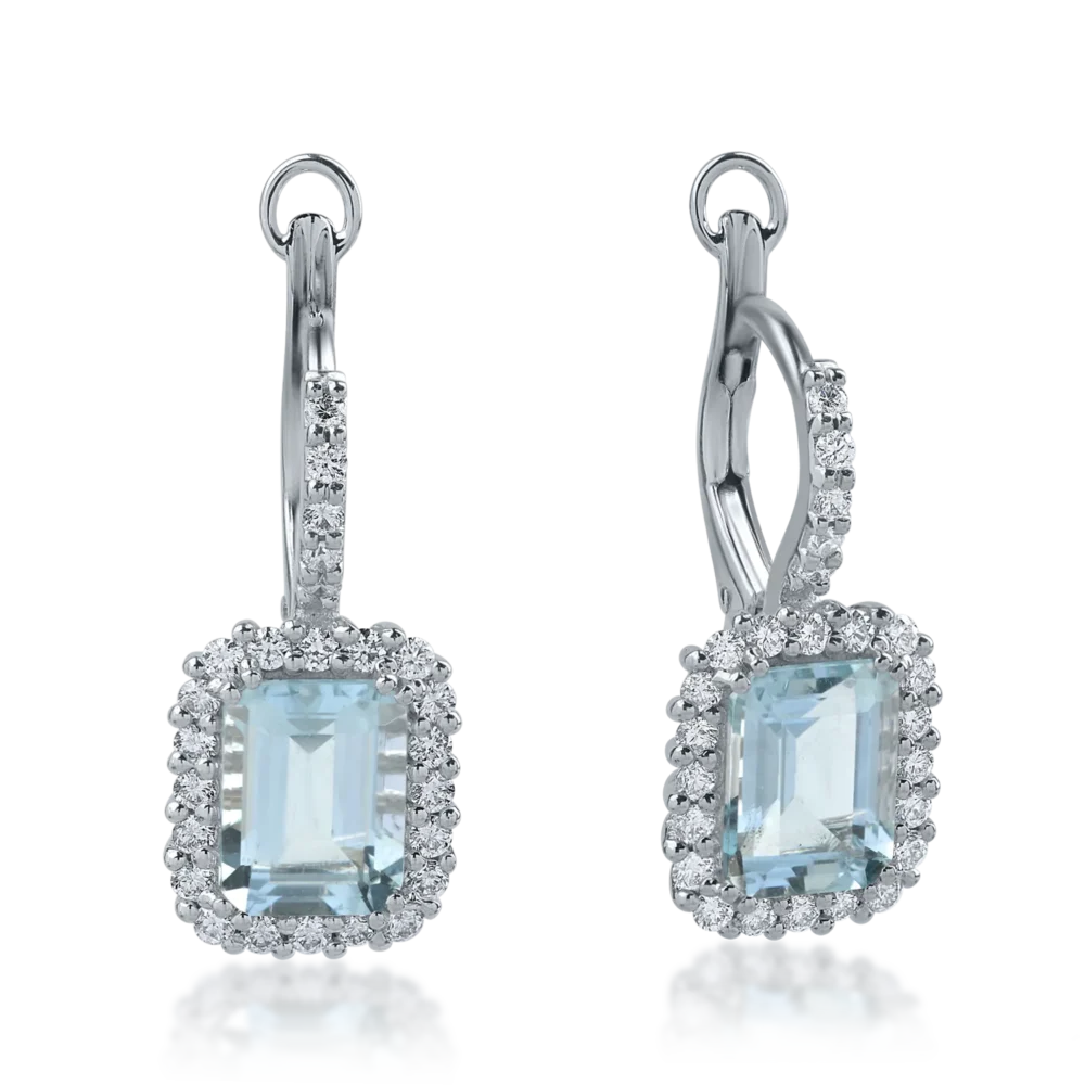 Cercei din aur alb cu acvamarine octogonale de 2.72ct si diamante de 0.54ct