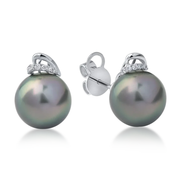 Cercei din aur alb cu diamante de 0.06ct si perle de cultura