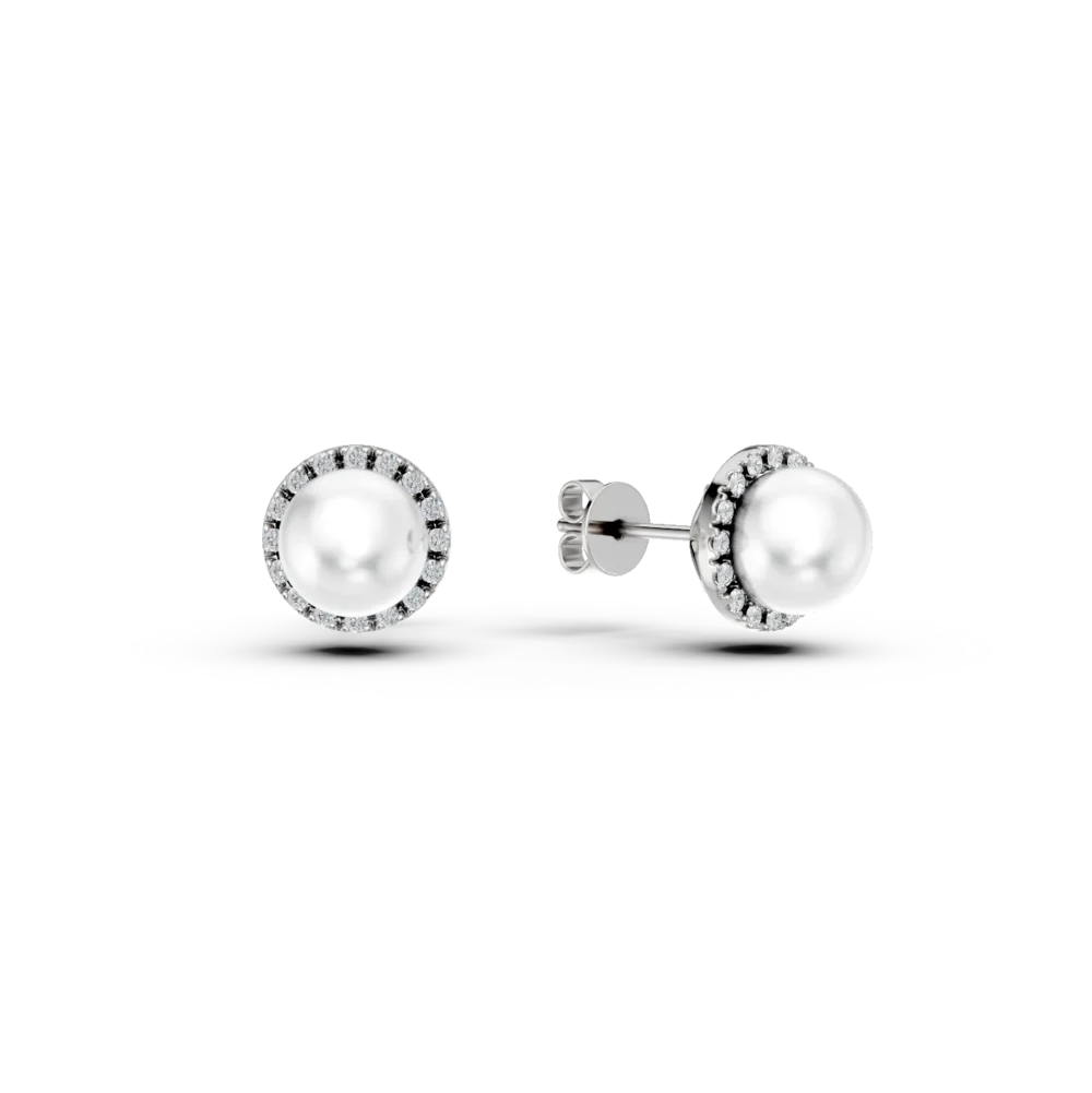 Cercei din aur alb cu diamante de 0.093ct si perle de cultura