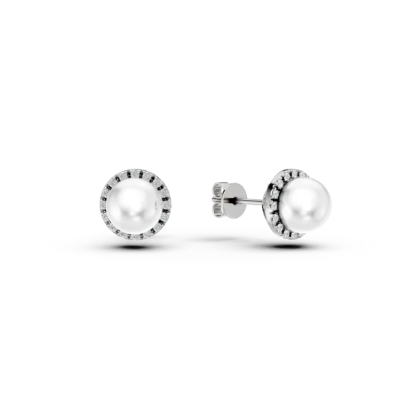 Cercei din aur alb cu diamante de 0.093ct si perle de cultura