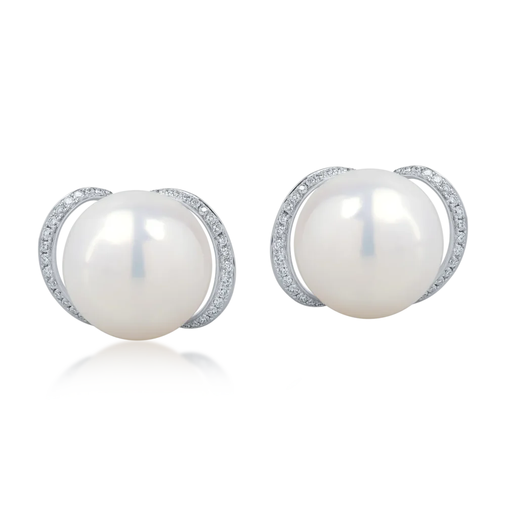 Cercei din aur alb cu diamante de 0.3ct si perle de cultura - imagine 2