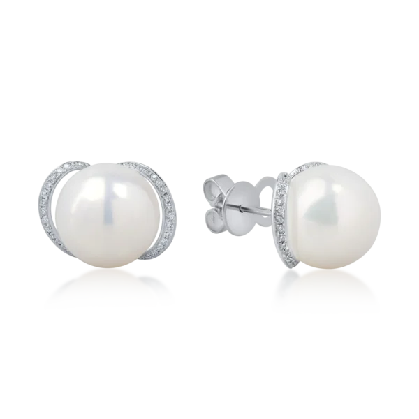 Cercei din aur alb cu diamante de 0.3ct si perle de cultura