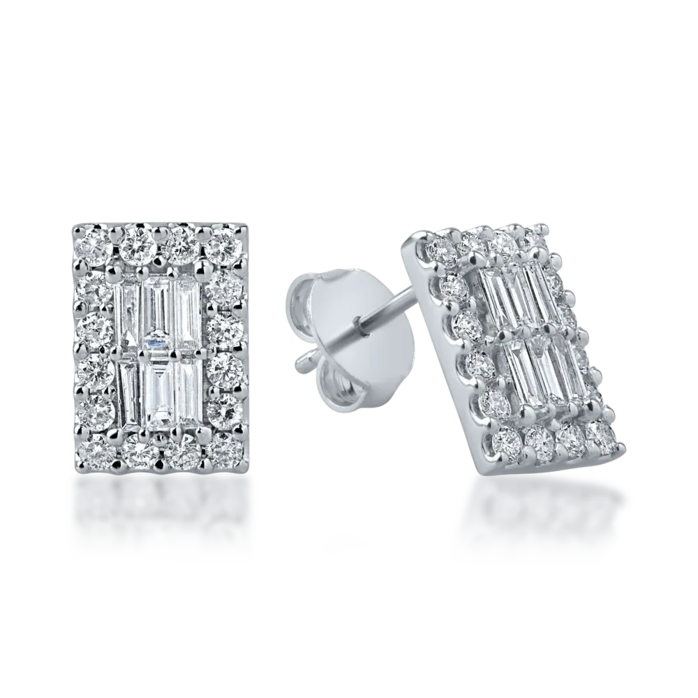 Cercei din aur alb cu diamante baguette si rotunde de 0.85ct