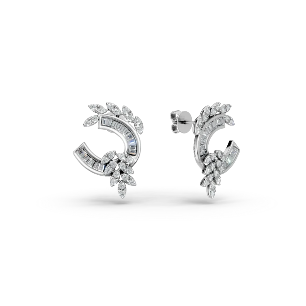 Cercei din aur alb cu diamante baguette si rotunde de 0.8ct