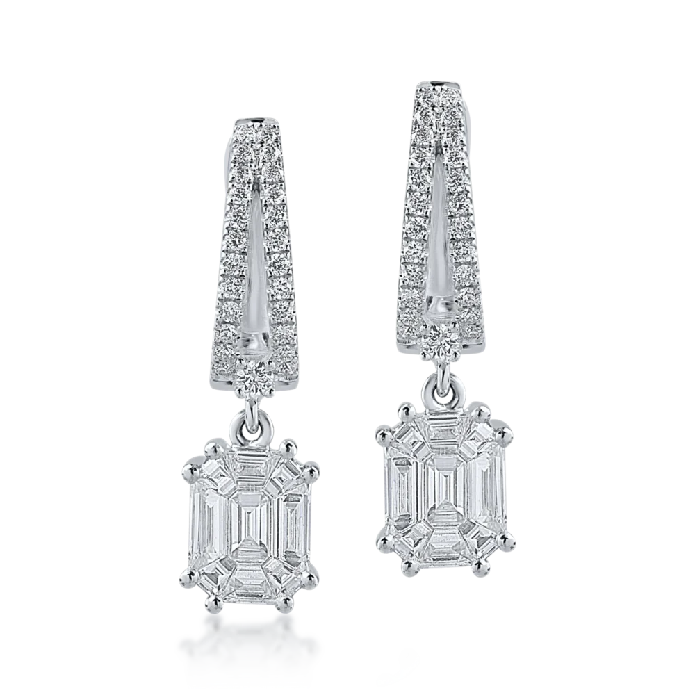 Cercei din aur alb cu diamante baguette si rotunde de 0.97ct - imagine 2