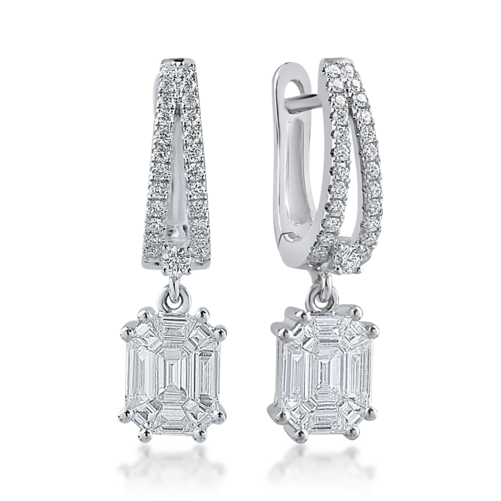 Cercei din aur alb cu diamante baguette si rotunde de 0.97ct