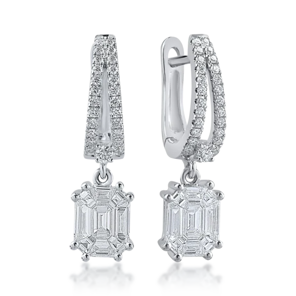 Cercei din aur alb cu diamante baguette si rotunde de 0.97ct