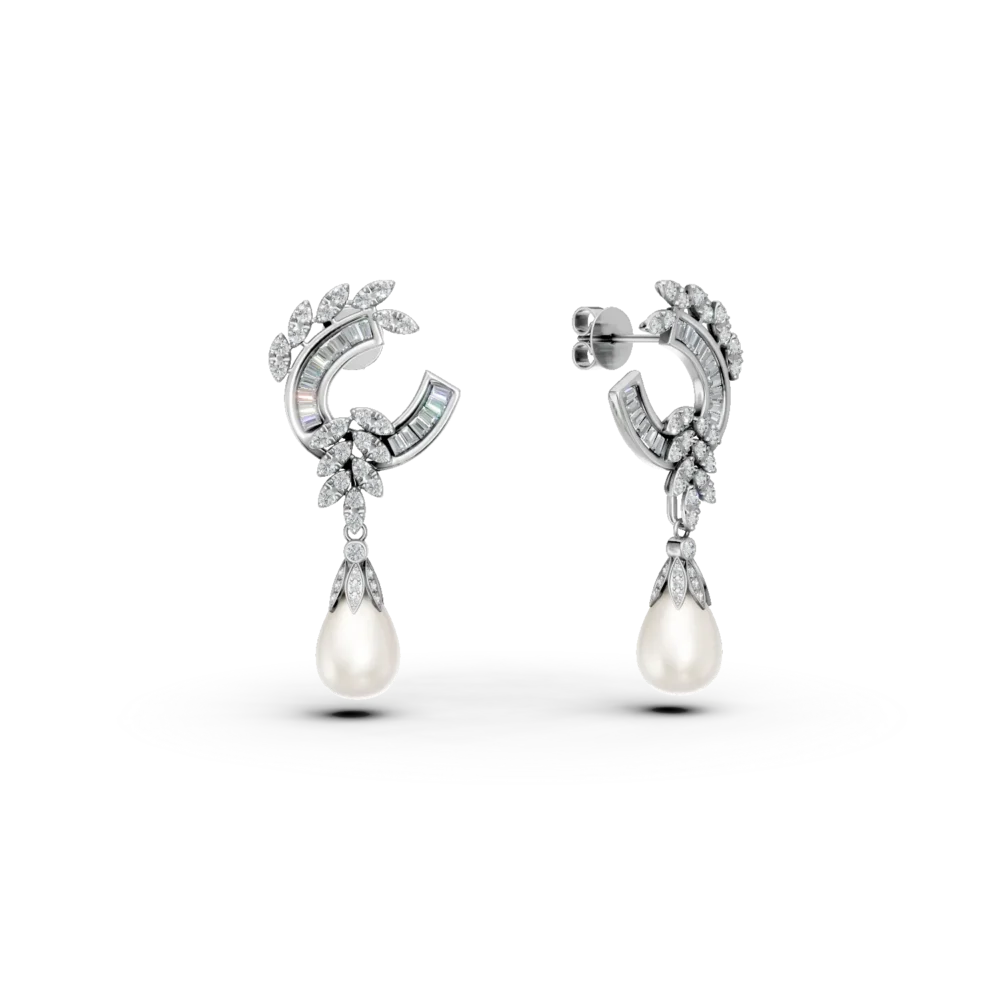 Cercei din aur alb cu diamante de 0.9ct si perle de cultura