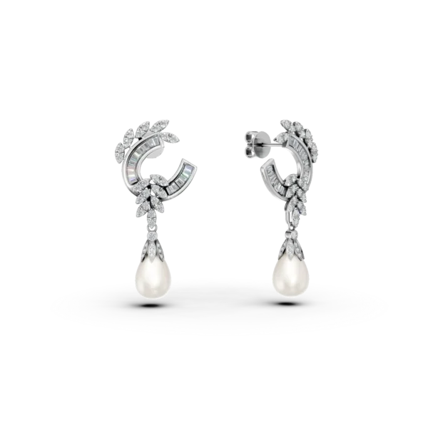 Cercei din aur alb cu diamante de 0.9ct si perle de cultura