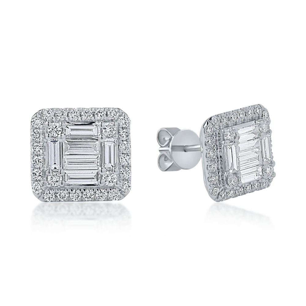 Cercei din aur alb cu diamante baguette si rotunde de 1.38ct