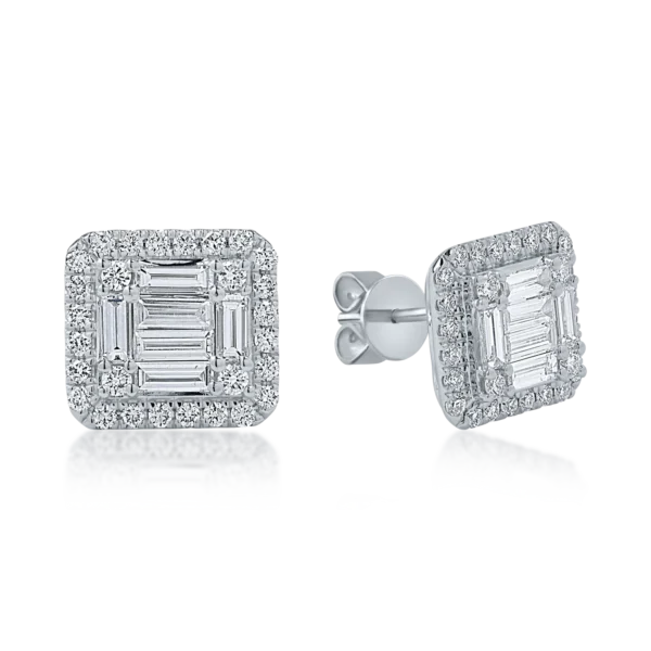 Cercei din aur alb cu diamante baguette si rotunde de 1.38ct
