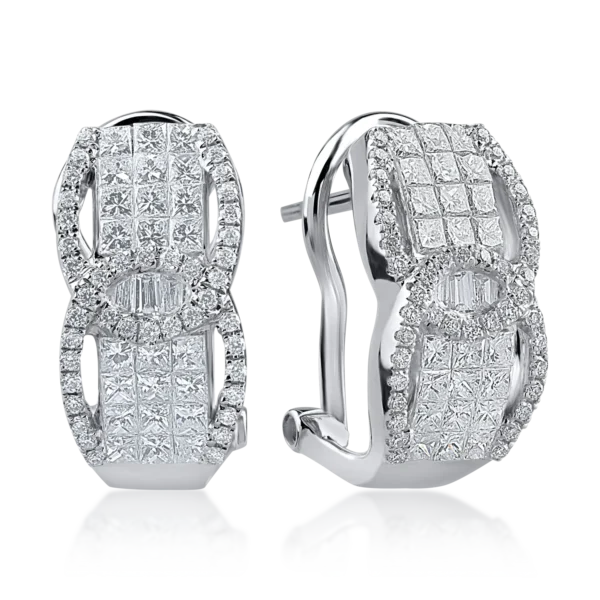 Cercei din aur alb cu diamante baguette, princess si rotunde de 1.41ct