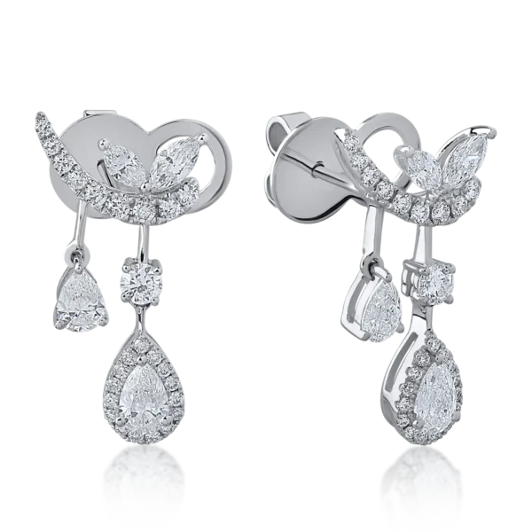 Cercei din aur alb cu diamante marquise, pear si rotunde de 1.68ct