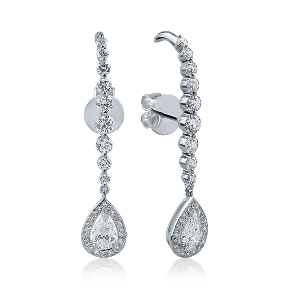 Cercei din aur alb cu diamante pear si rotunde de 1.82ct