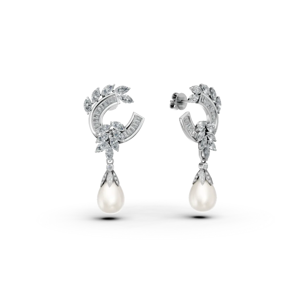 Cercei din aur alb cu diamante marquise, baguette si rotunde de 1.9ct si perle de cultura