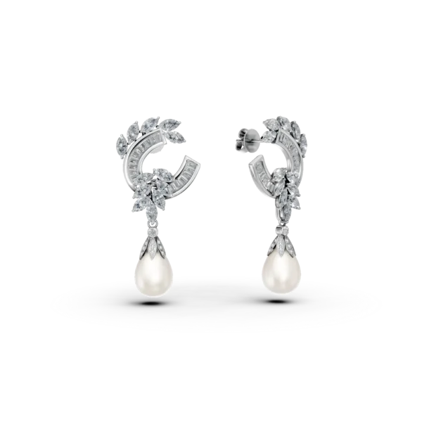 Cercei din aur alb cu diamante marquise, baguette si rotunde de 1.9ct si perle de cultura