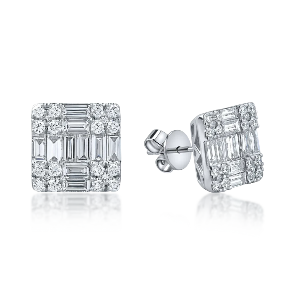 Cercei din aur alb cu diamante baguette si round de 2.2ct