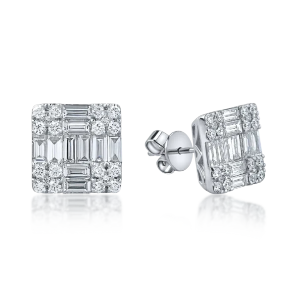 Cercei din aur alb cu diamante baguette si round de 2.2ct