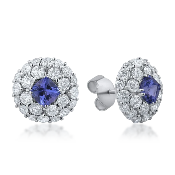 Cercei din aur alb cu diamante de 2.82ct si tanzanite cushion brilliant de 1.46ct