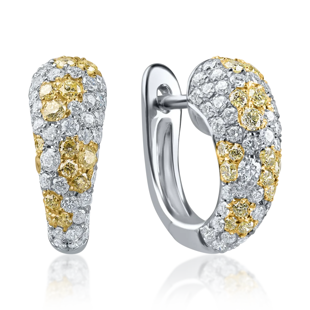 Cercei din aur alb cu diamante galbene baguette si incolore rotunde de 1.55ct