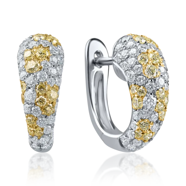 Cercei din aur alb cu diamante galbene baguette si incolore rotunde de 1.55ct