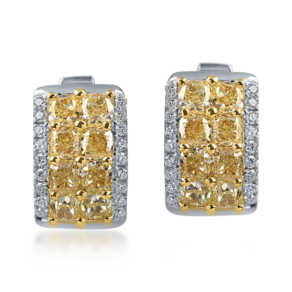 Cercei din aur alb cu diamante galbene cushion si incolore round de 3.5ct - imagine 2