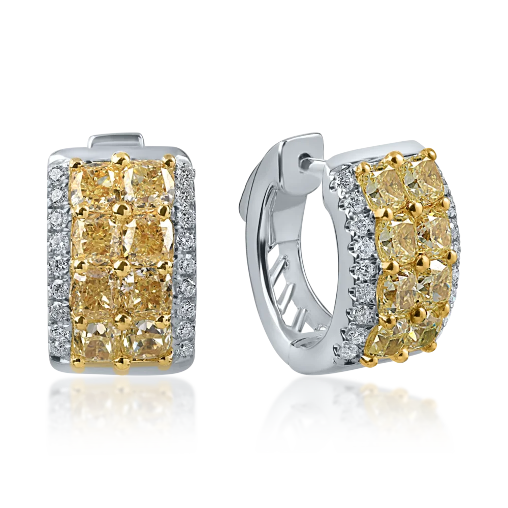 Cercei din aur alb cu diamante galbene cushion si incolore round de 3.5ct