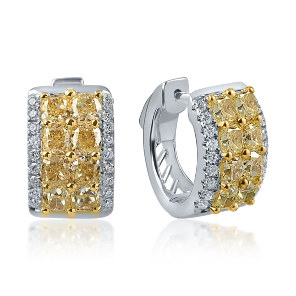 Cercei din aur alb cu diamante galbene cushion si incolore round de 3.5ct