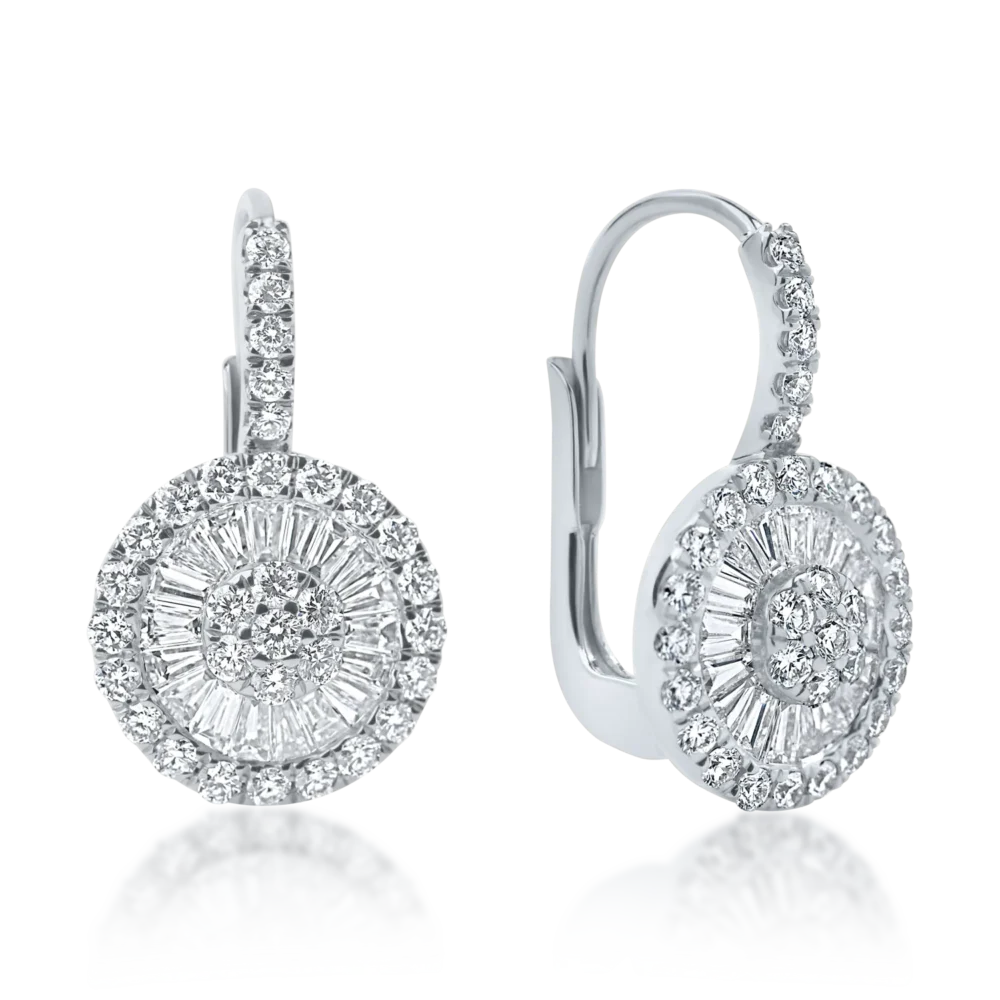 Cercei din aur alb cu diamante baguette si rotunde microsetting de 1.2ct